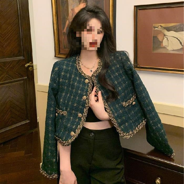 Coat Women's New Vintage French Plaid Color Contrast Long-sleeved Top