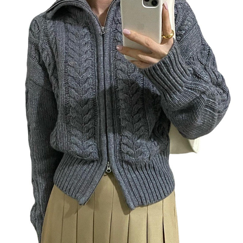 Retro Lapel Lapel Double Zipper Design Sweater