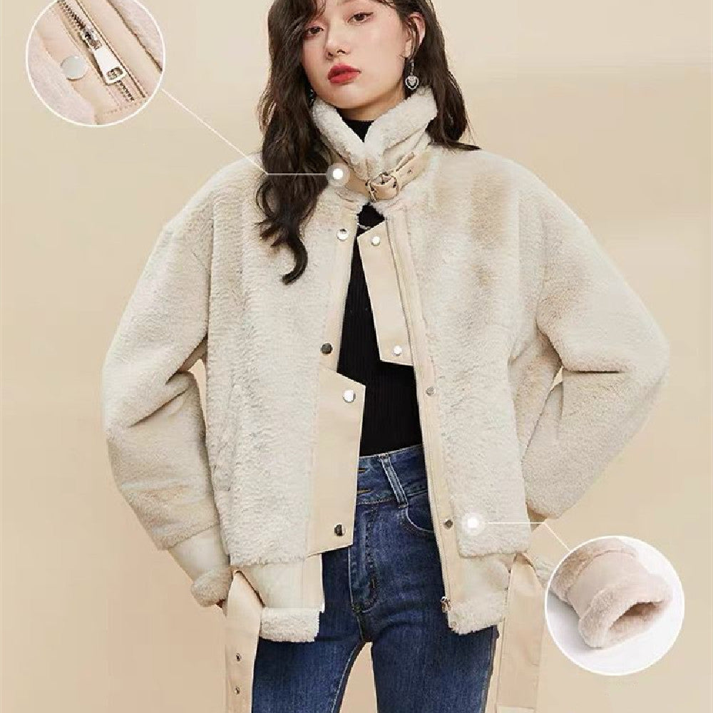 Women's White Stand Collar Motorcycle Cotton Coat