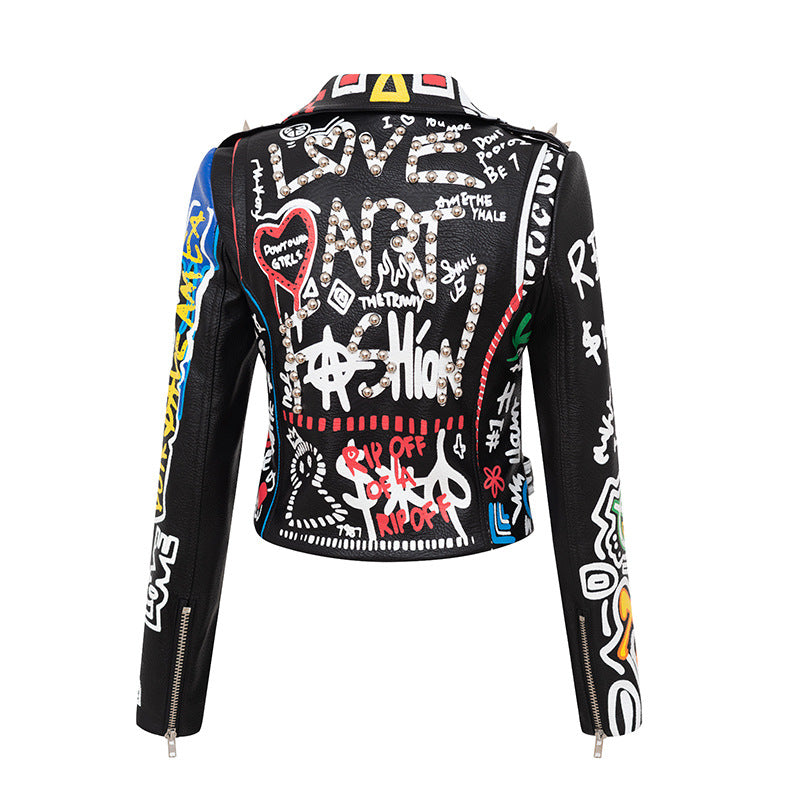Printed Hit Color Jacket Motorcycle Leather Jacket Women's Suit Collar Trendy Jacket
