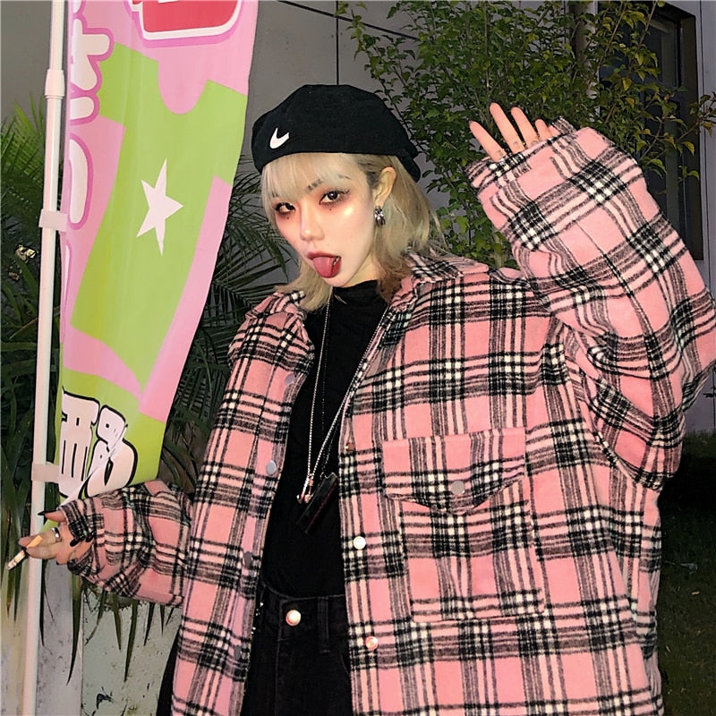 Streetwear Punk Vintage Pink Plaid Loose Winter Women Jackets