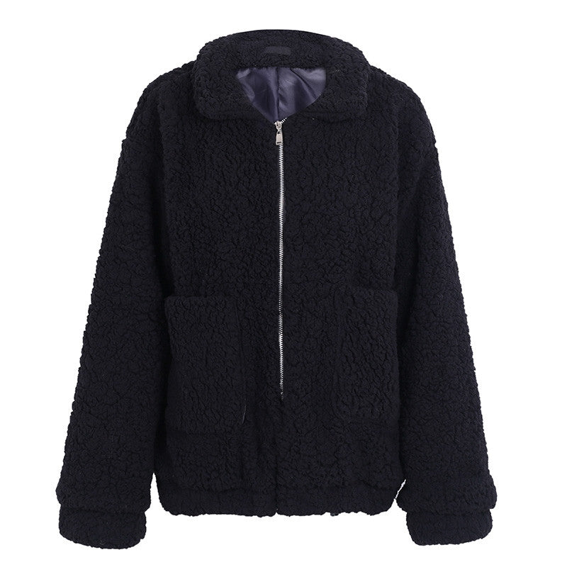 Faux lambswool oversized jacket coat Winter black warm hairly jacket Women autumn outerwear
