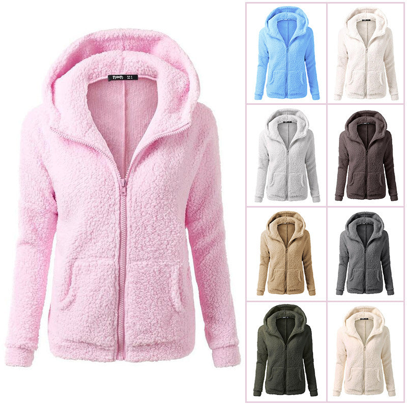 Autumn And winter Women's Clothing Solid Color Hooded Zipper Coat