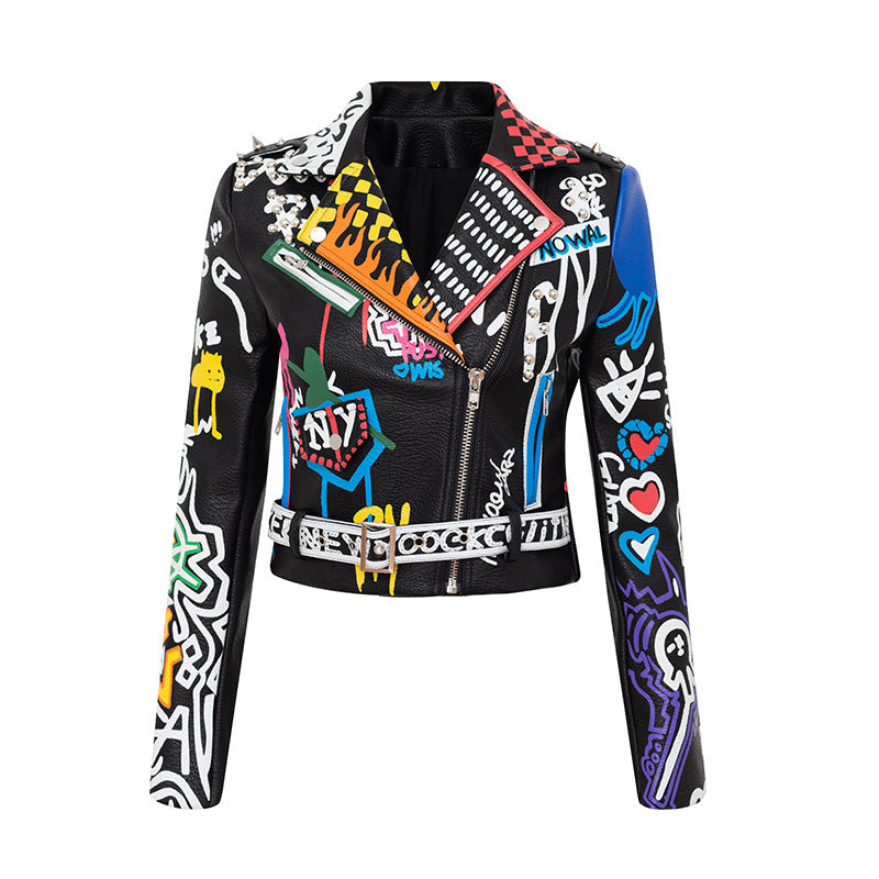 Printed Hit Color Jacket Motorcycle Leather Jacket Women's Suit Collar Trendy Jacket
