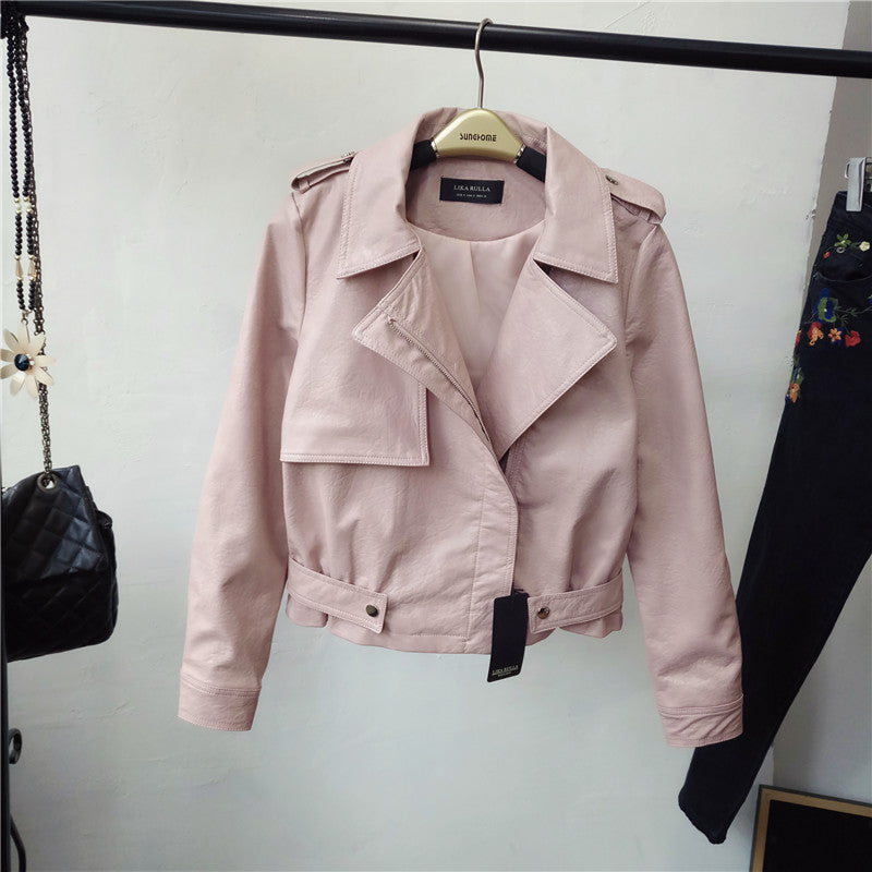 Spring new slim lapel short PU female jacket jacket leather