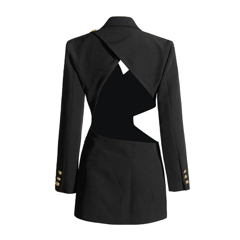 Winter Hollowed Out Backless Asymmetrical Black Slim Coat For Women