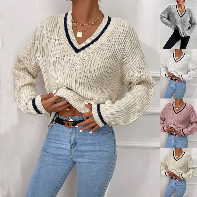 Women's Clothes Cable Knit V Neck Sweaters Casual Long Sleeve Striped Pullover Sweater Trendy Loose Preppy Jumper Top