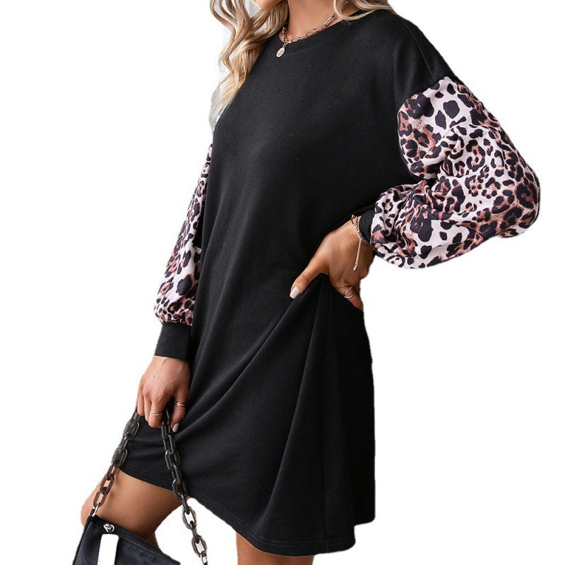 Leopard Print Contrast Stitching Long-sleeved Round Neck Pullover