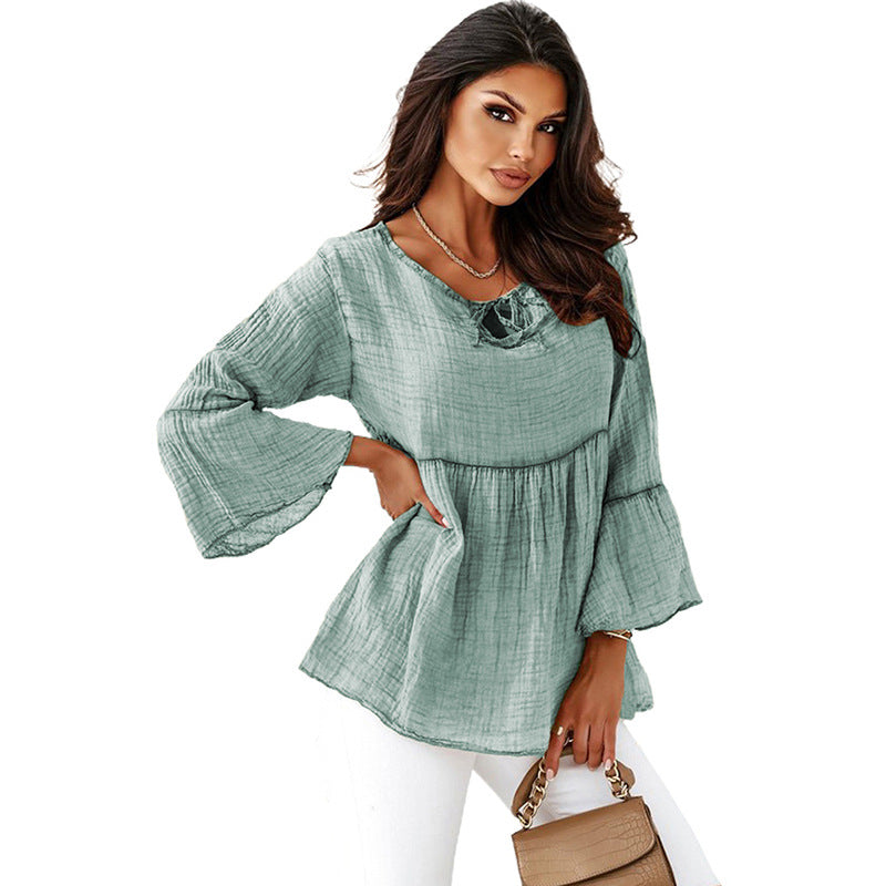 Temperament Commute Lace-up Slimming Flared Sleeves Chiffon Shirt