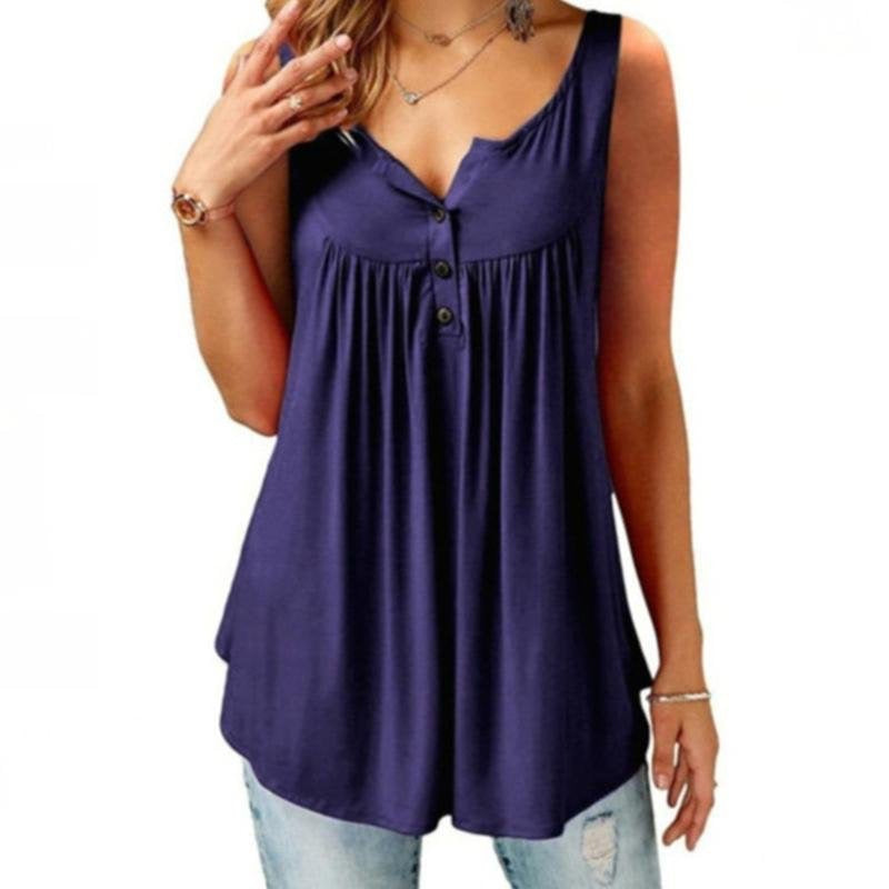 Solid Color Gathered Sleeveless Women's Casual T-Shirt Mid Length Button Vest