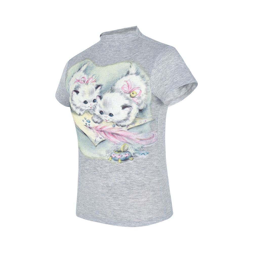 Three-color Glue-free White Ink Printing Cat T-shirt