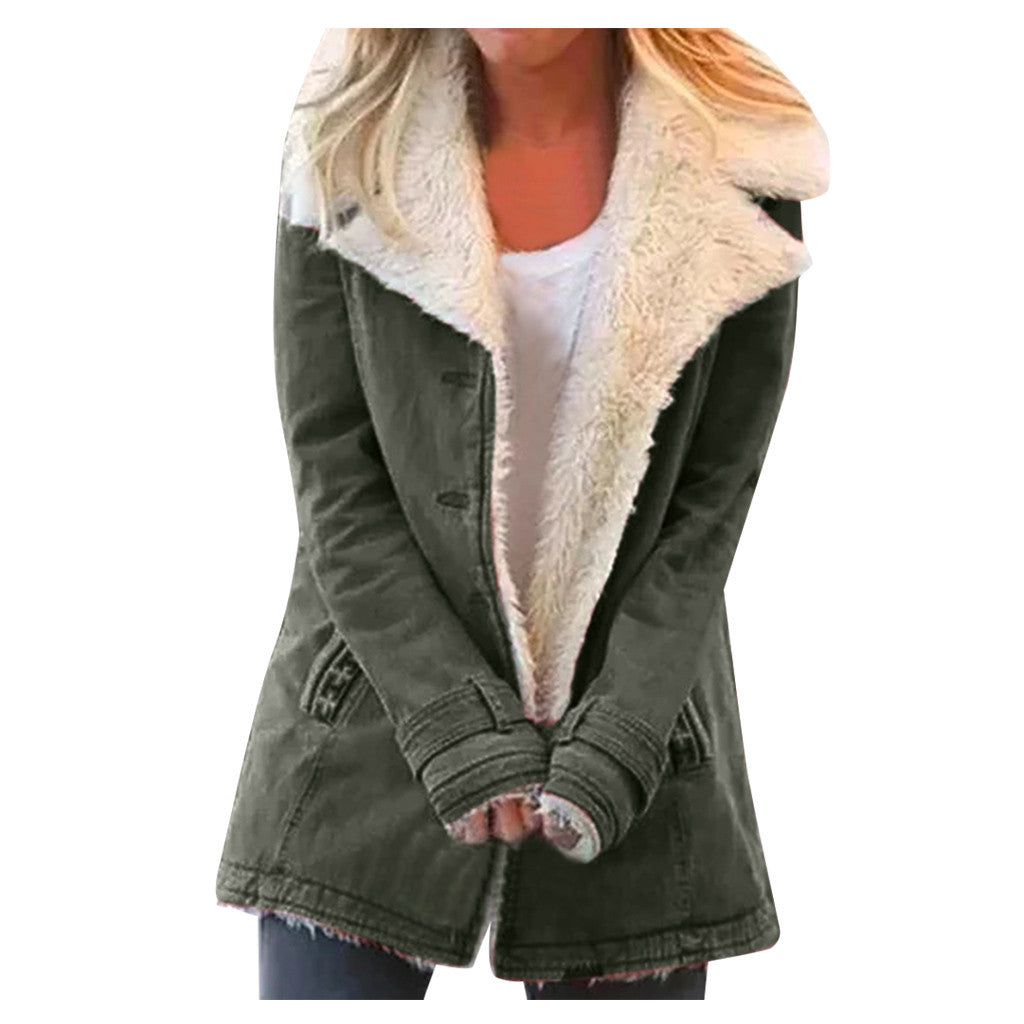 Women Plus Size Warm Coats Composite Plush Button Lapels Jacket Outwearcoat