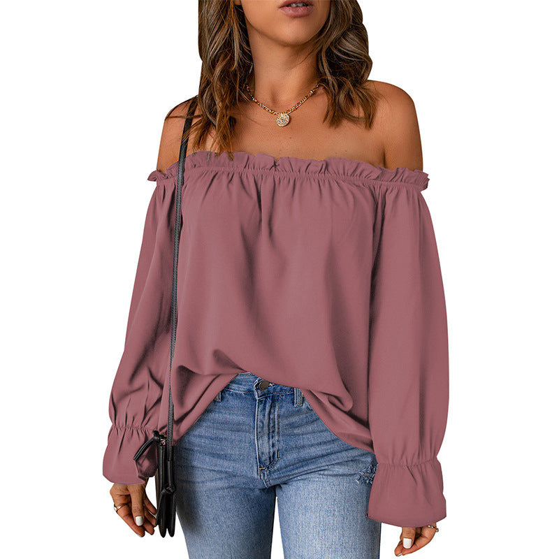 Off-the-shoulder Shirt Solid Color Loose Long Sleeves Pullover