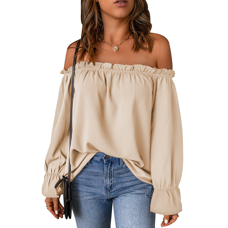 Off-the-shoulder Shirt Solid Color Loose Long Sleeves Pullover