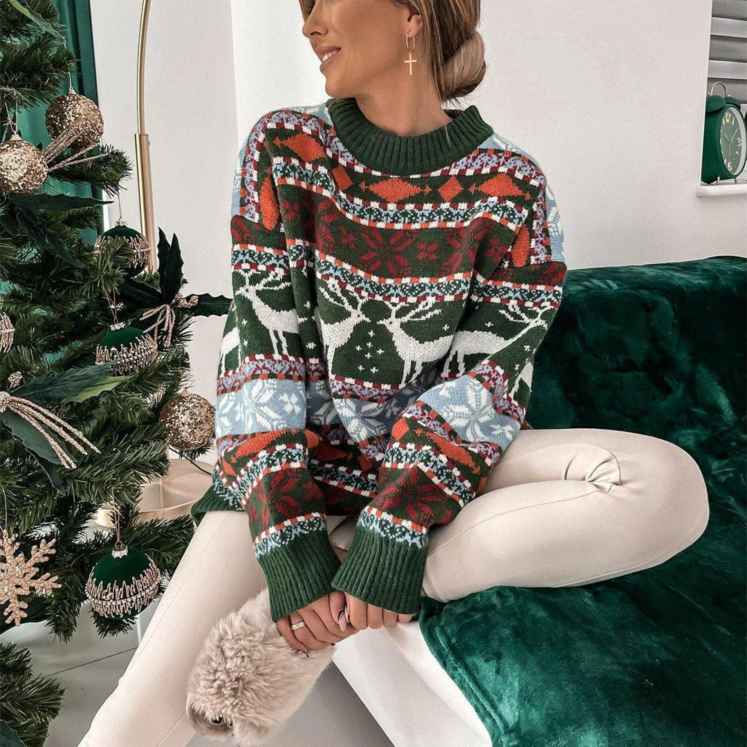 Women's Fashion Round Neck Loose Christmas Theme Jacquard Long Sleeve Sweater