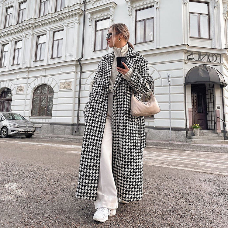 Houndstooth Long Trench Coat High-end And Fashionable Coat For Women