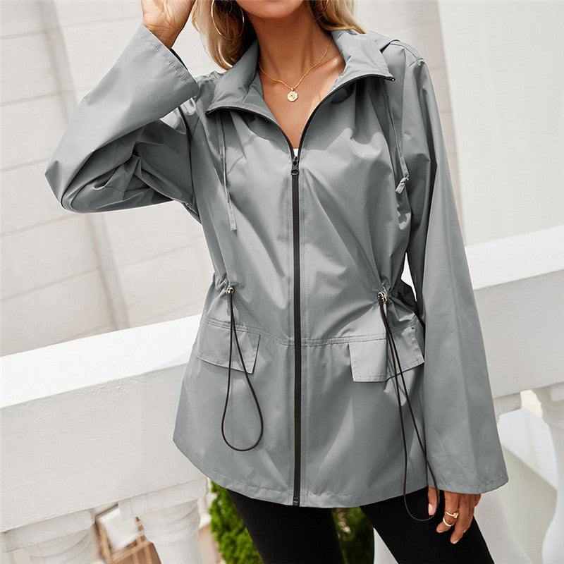 Hooded Waist Rainproof Raincoat With Zipper Raincoat