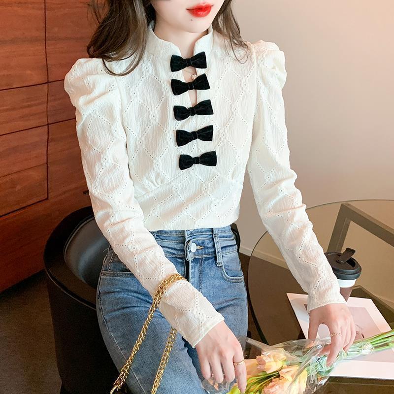 Stand-up Collar Bowknot Plaid Jacquard Shirt For Women