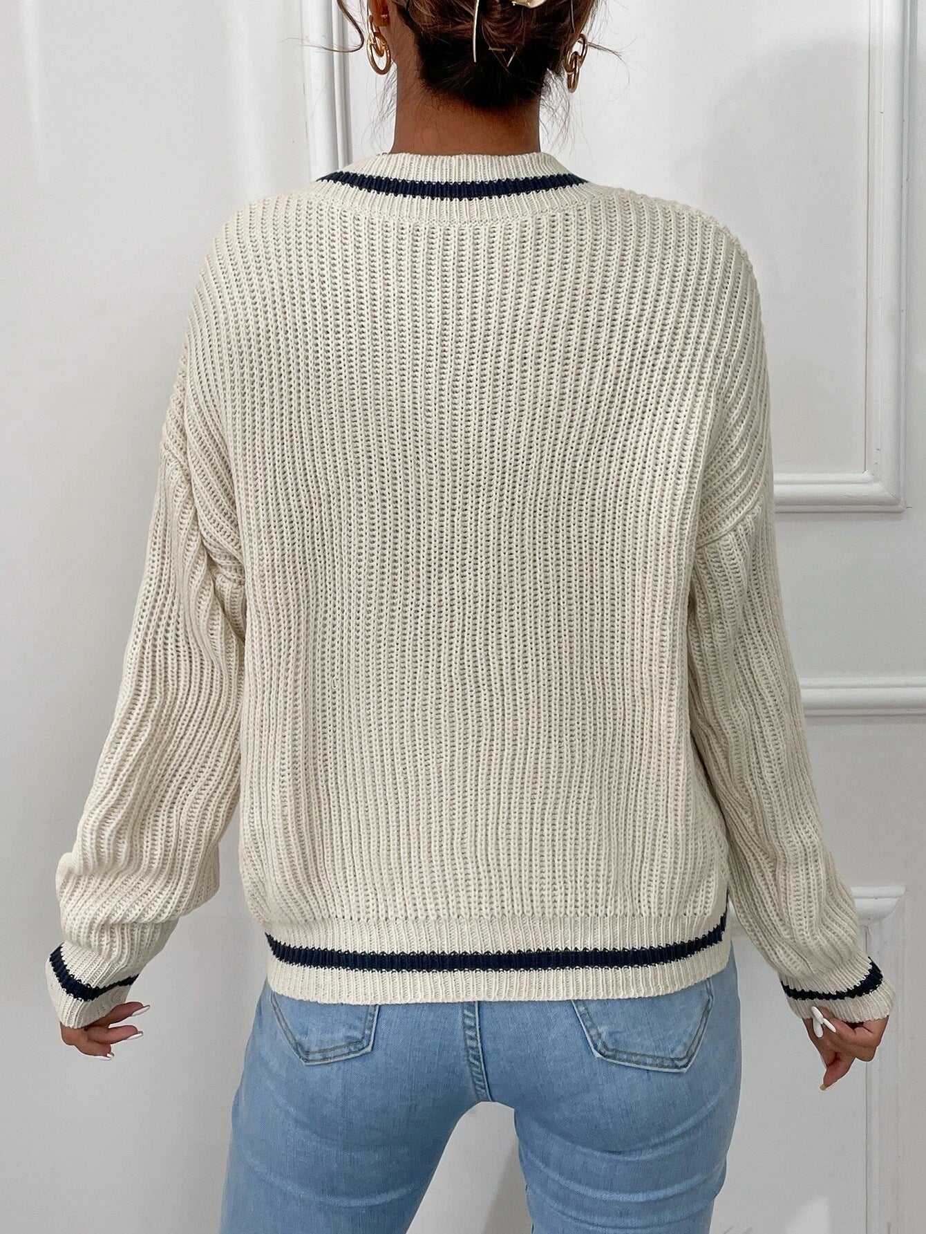 Women's Clothes Cable Knit V Neck Sweaters Casual Long Sleeve Striped Pullover Sweater Trendy Loose Preppy Jumper Top