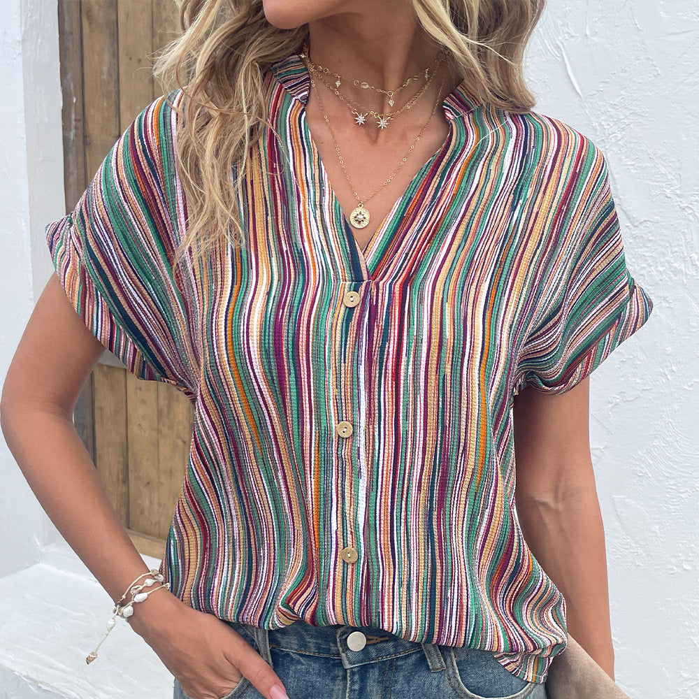 Women's Casual Color Striped Button Short Sleeve Shirt