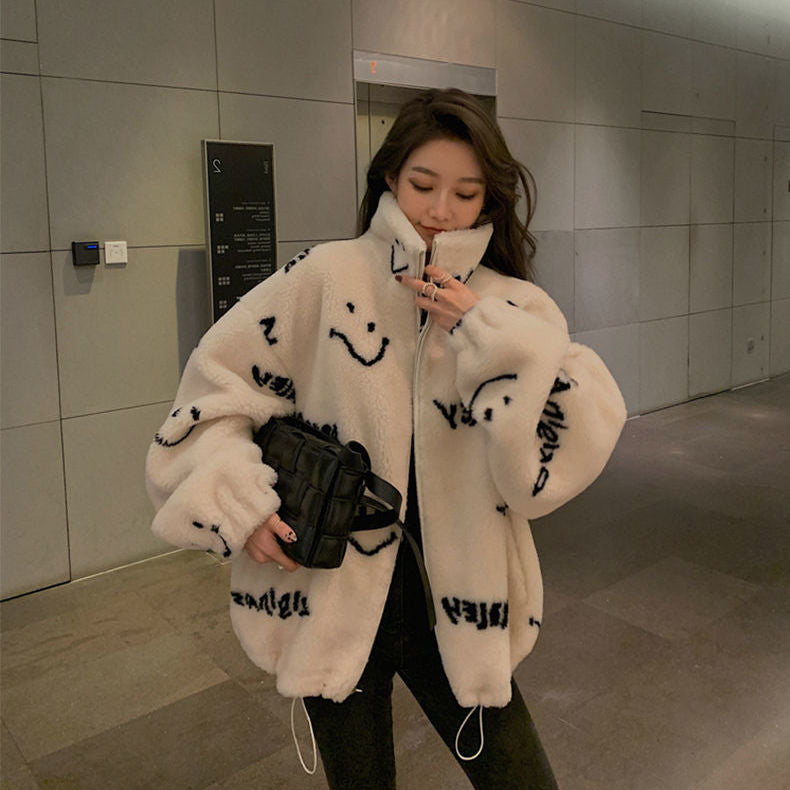 Plush Thick Letters Loose Fashion Korean Style Plush Jacket