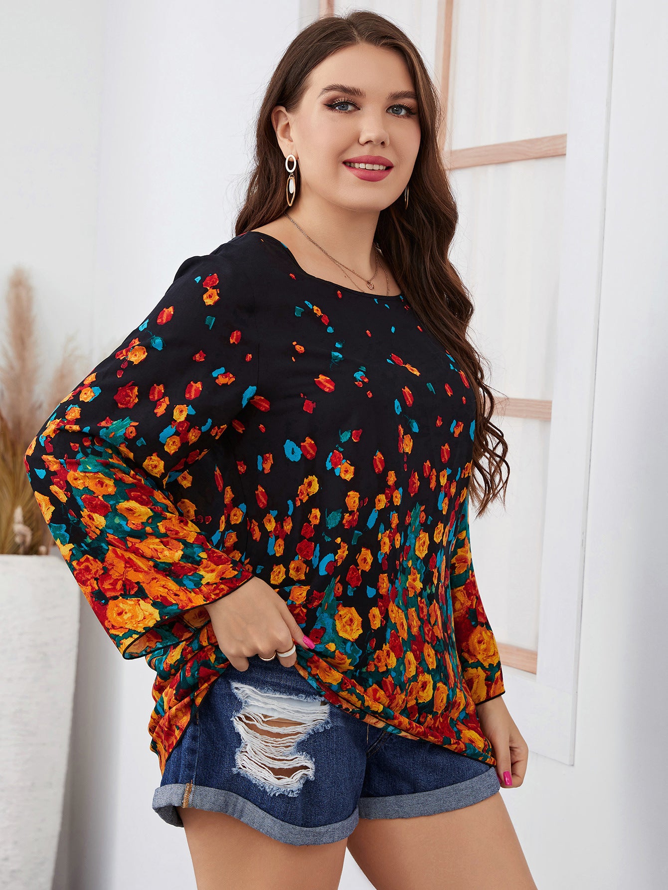 Foreign Trade Fat Ladies Printed Large Size Long Sleeve Shirt