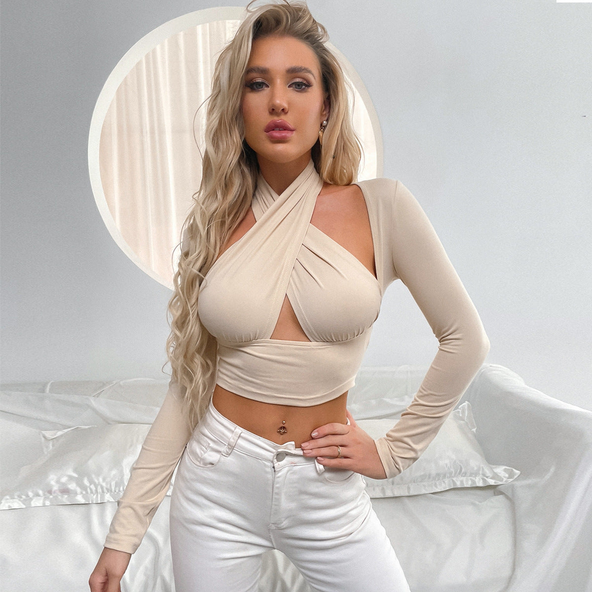 Sexy Cross-neck Hollow Bottoming Shirt Ladies Top