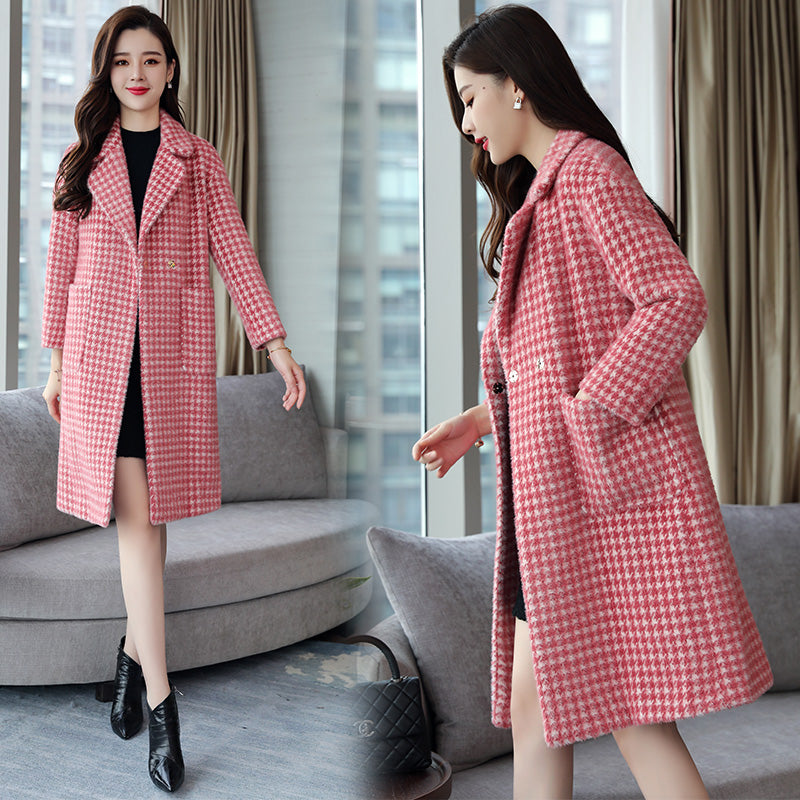 Winter mid-length plaid wool coat with POLO collar