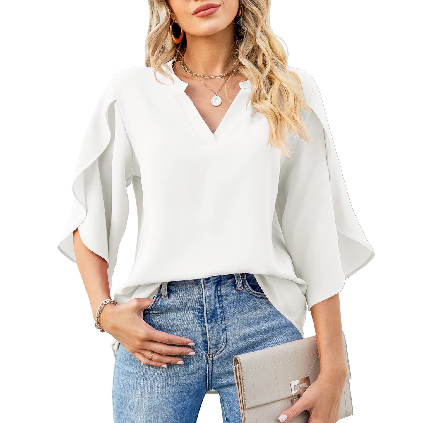 European And American Style Women Petal Sleeve Top Loose V-neck