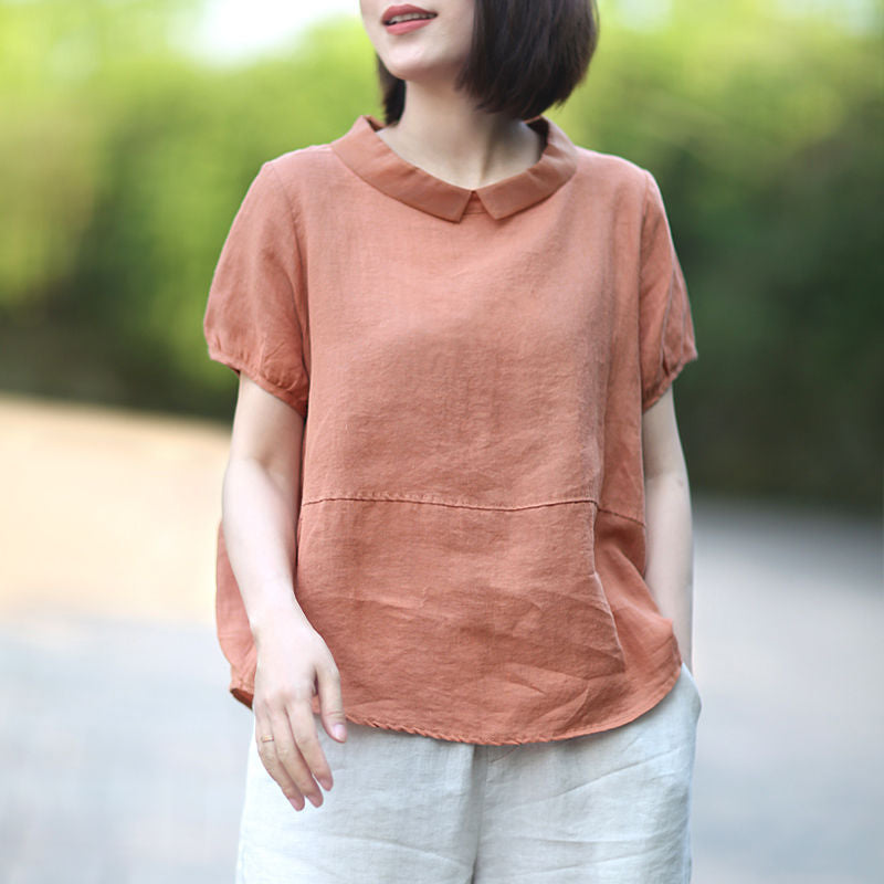 Women's Fashion Casual Loose Cotton And Linen Short Sleeve Stitching Shirt