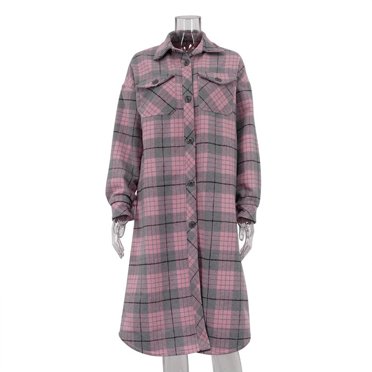 Women's Long-sleeved Lapel Plaid Coat Casual
