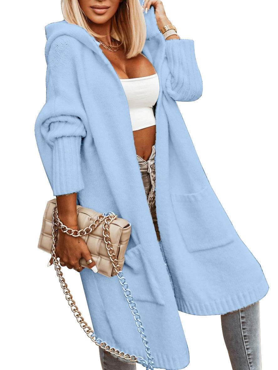 Ladies Hooded Solid Color Mid-length Knitwear Fashion Casual Pocket Long Sleeve Trench Coat