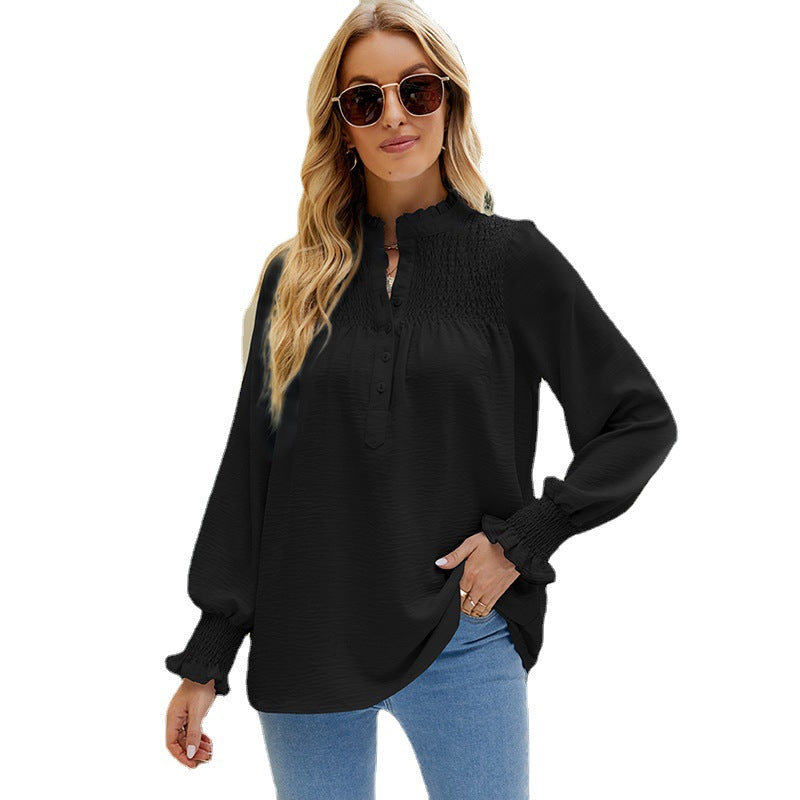 Long Sleeve Turtleneck Buttons Frill Loose Casual Top