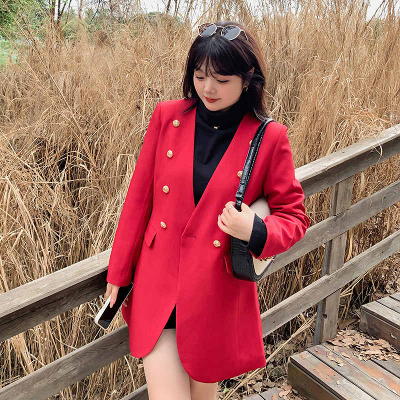 Autumn Large Size Women's Collarless Double-breasted Suit Jacket