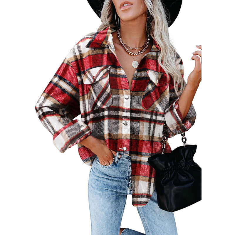 Autumn And Winter Loose Woolen Plaid Shirt Buttoned Jacket