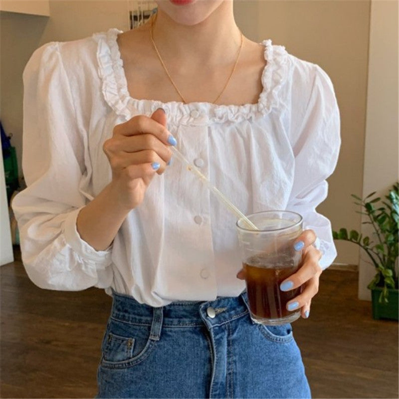 Square Collar Spring And Autumn French Age-reducing Puff Sleeve Shirt Top