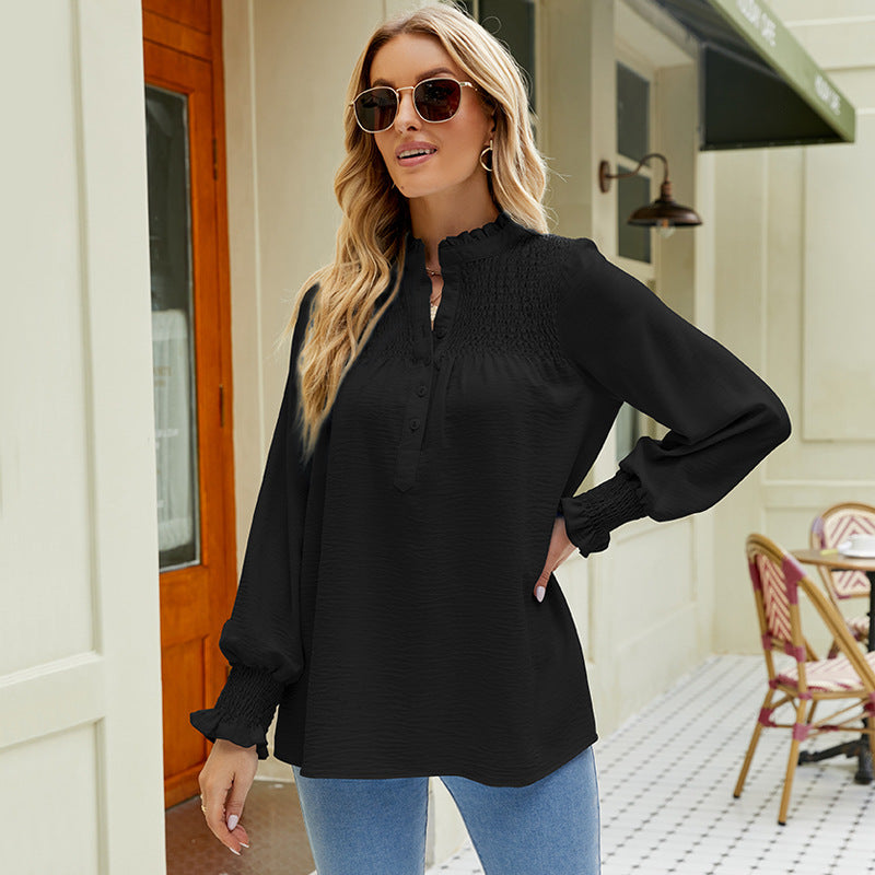 Long Sleeve Turtleneck Buttons Frill Loose Casual Top