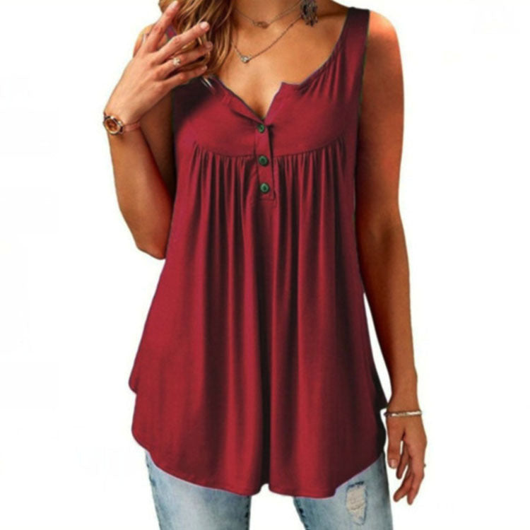Solid Color Gathered Sleeveless Women's Casual T-Shirt Mid Length Button Vest