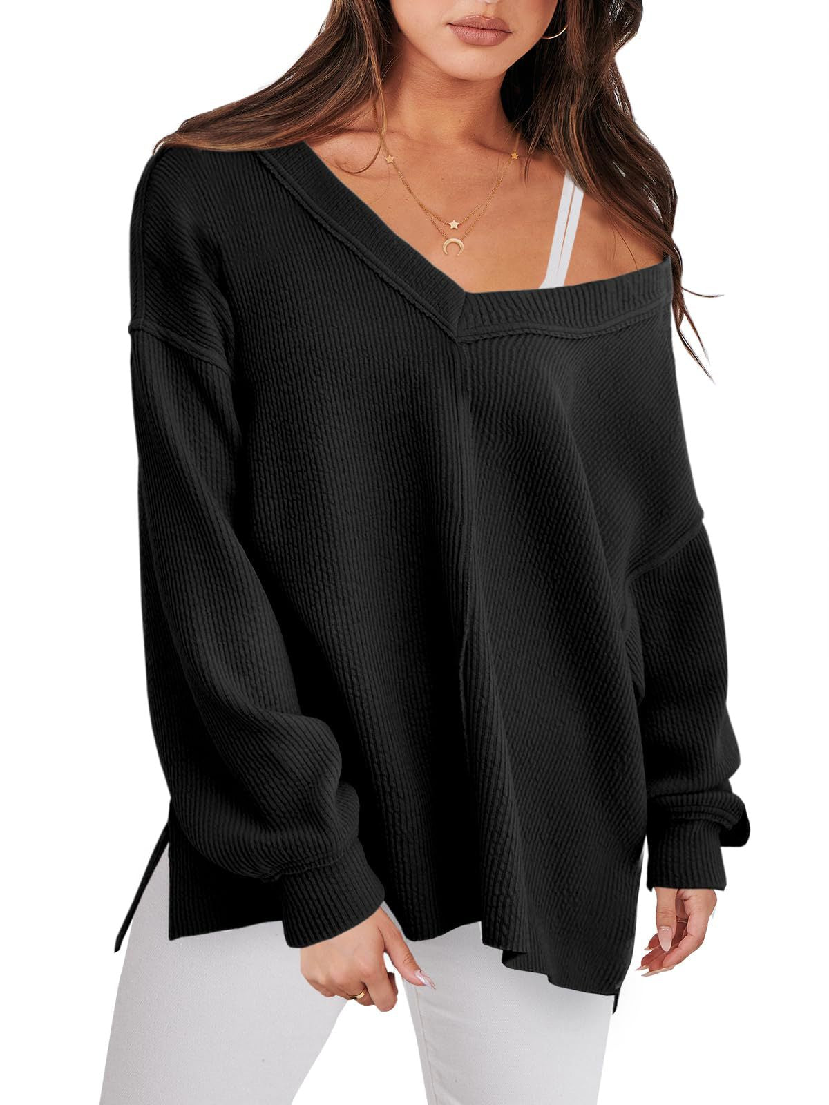 Fashion Lightweight V-neck Sweaters Women Casual Long Sleeve Ribbed Knit Side Slit Pullover Top