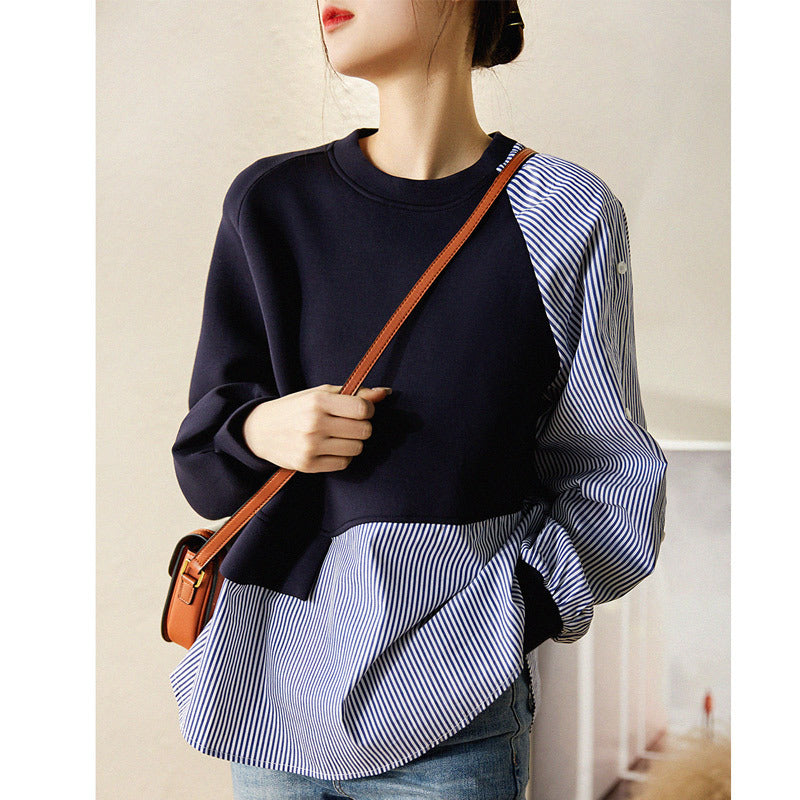 Women's Fashion Commuter Loose Air Layer Round Neck Stripes Patchwork Sweater